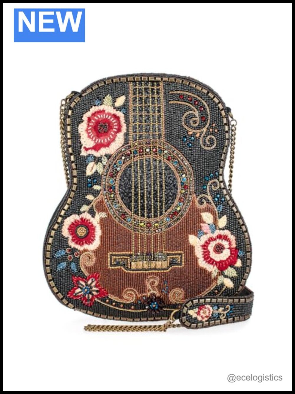 Beaded Guitar Crossbody Handbag with Removable Chain Strap